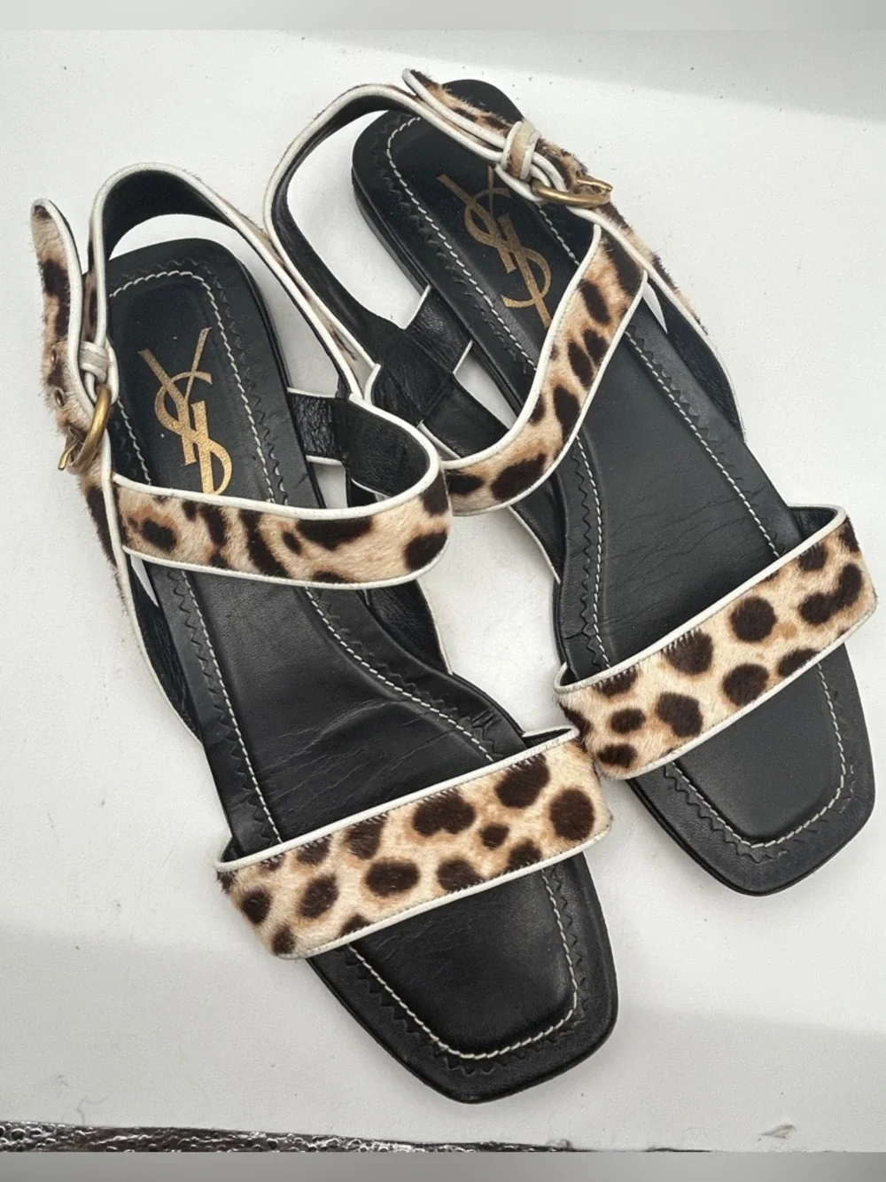 Womens YSL Leopard Calf Hair Sandals Flat Strappy Square Toe Italy 40 luxury - Picture 2 of 13